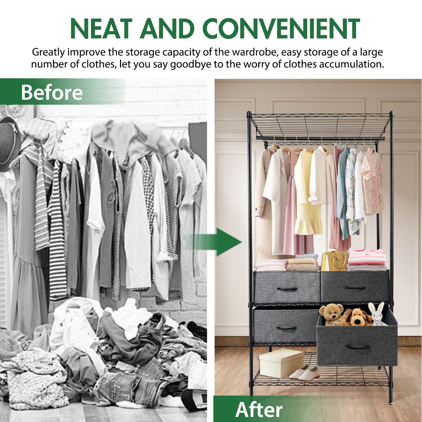 71"H Heavy Duty Clothes Rack, Max Load 445 LBS, Freestanding 3-Tier Wire Garment Rack for Hanging Clothes with Shelves, Closet Organizers and Storage Metal Closet Wardrobe System, Black