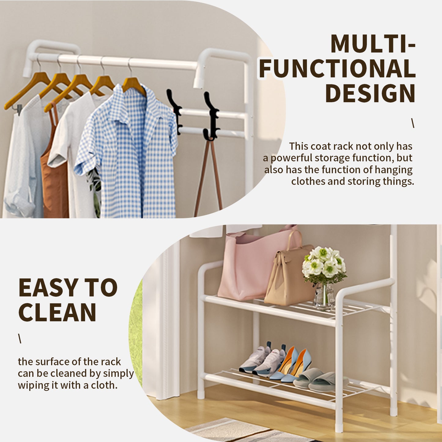 Baokaler Coat Rack, Hall Tree with Shoe Bench for Entryway, Entryway Bench with Coat Rack, 3-in-1 with 4 Hooks, a Hanging Rod, White