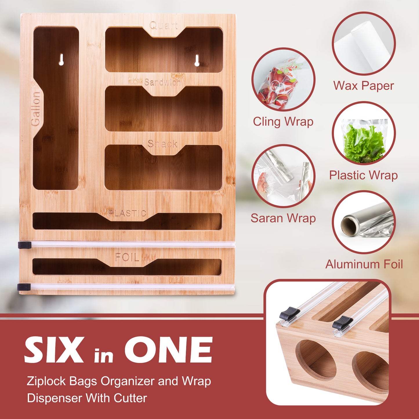Bamboo Sealed Bag Ziplock Bag Storage Organizer for Kitchen Drawer,6 In 1 Wrap Dispenser Organizer With Cutter for Kitchen Drawer,Plastic Bag Storage for Gallon, Quart, Sandwich, Snack