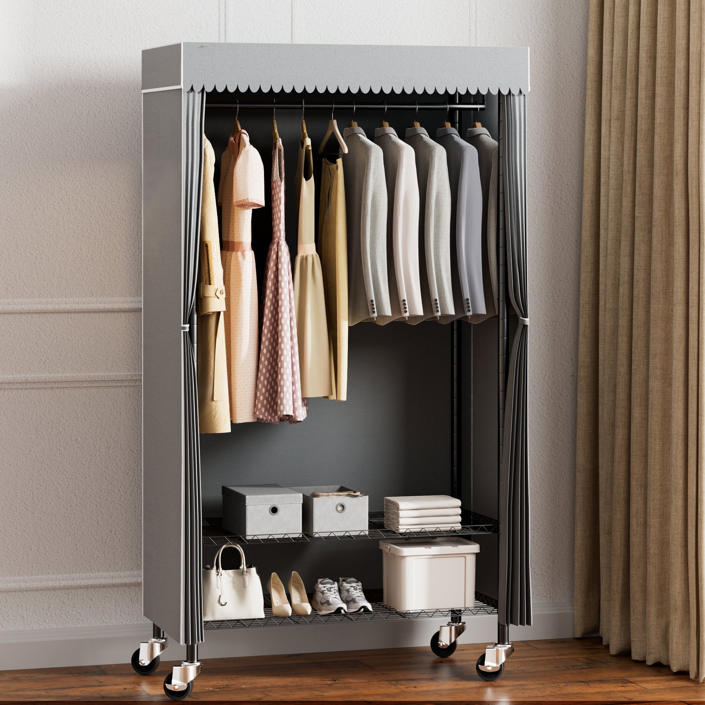 Heavy Duty Wardrobe Rack with Gray Dust Cover, Rolling Clothes Rack for Hanging Clothes, Freestanding Garment Rack with 2-Tier Storage Shelf Wheels Hanging Rod Cover, 35.4"x17"x72.4", Black
