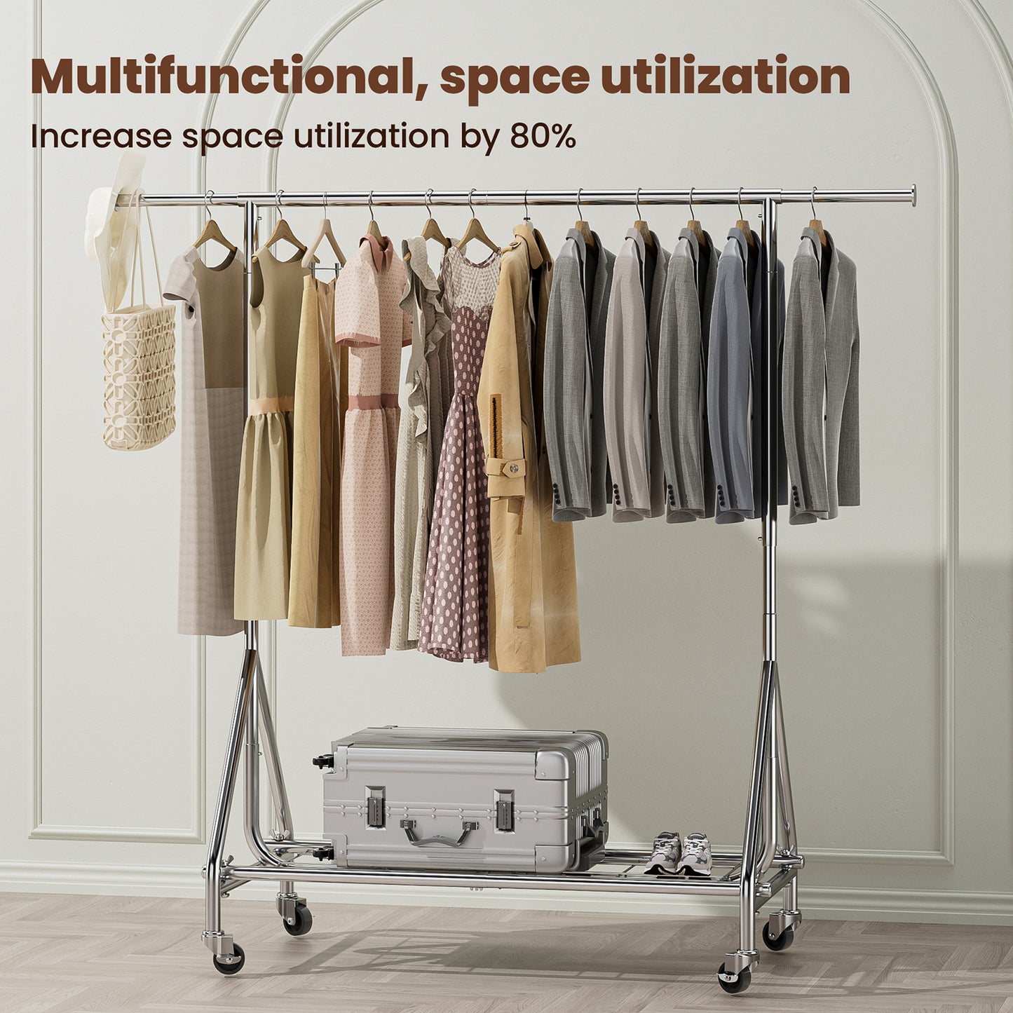 Clothes Rack Load 400 LBS, Metal Heavy Duty Clothes Rack, Free Standing Clothing Rack for Hanging Clothes with Sturdy Wheels & Shelves, Portable Closet Wardrobe Rack, Silver