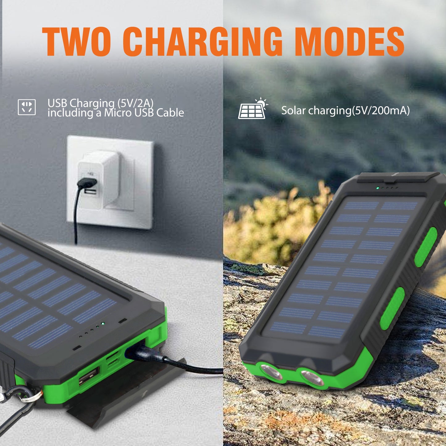 CATGOOD Solar Charger for Cell Phone 20000mAh, Portable Solar Power Bank with Dual 5V USB Ports, 2 Led Light Flashlight, Compass (Green)