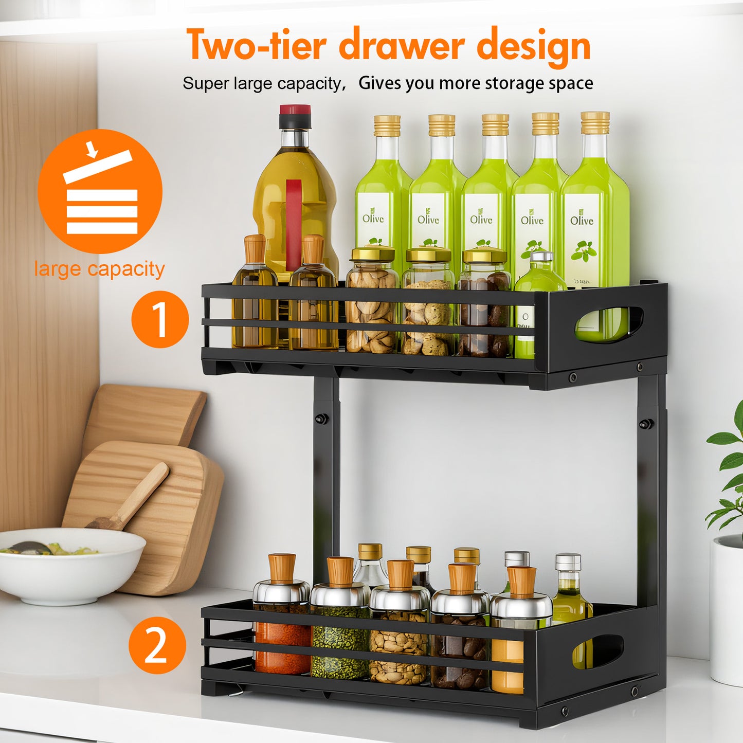 CATGOOD Under Sink Organizer, Multifunctional Pull-Out Under Sink Storage, 2-Tier Under Kitchen Sink Organizer, Waterproof Metal Storage Rack with Sliding Drawer for Kitchen and Bathroom, Black