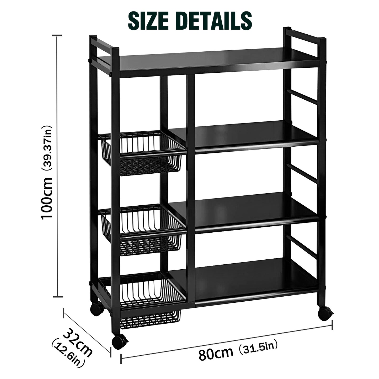 Freestanding Kitchen Storage Rack, Multi-Functional Multi-Layer Mobile Storage Shelf, 4 Tiers with 3 Baskets, Suitable for Kitchen, Bedroom, Living Room, and Balcony