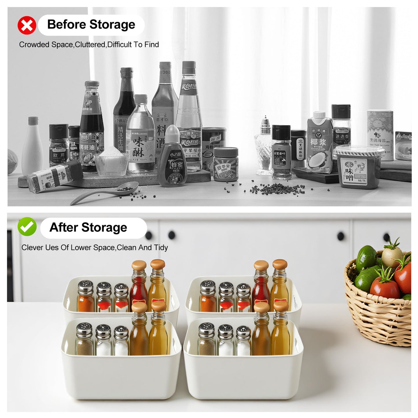 CATGOOD 2PCS Premium Minimalist Storage Boxes with Bamboo Lids, Plastic Storage Baskets, White Stackable Storage Bins with Lids for Kitchen, Cabinet, Bathroom, 10.24"x7.09"x6.3"