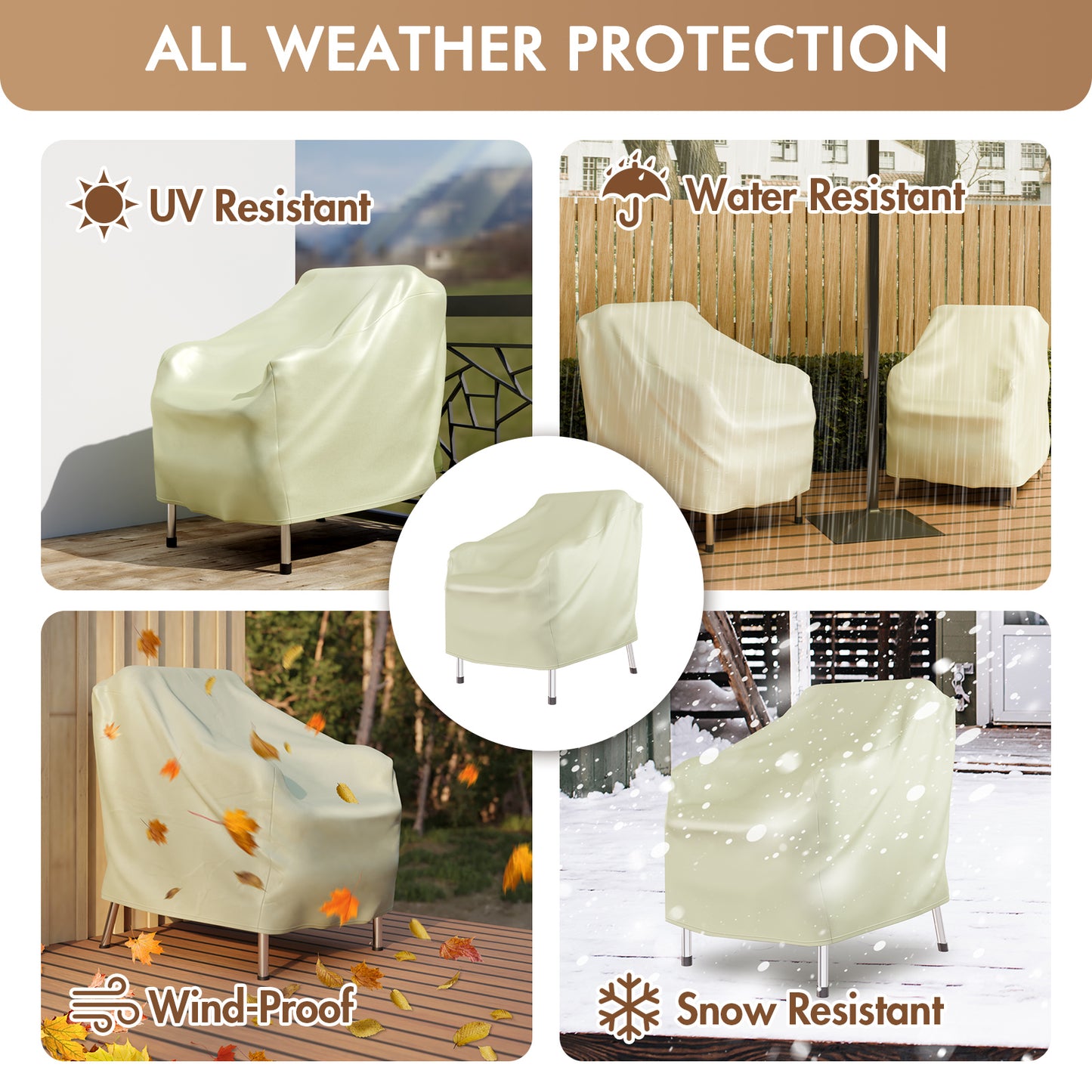 CATGOOD 2 Pack Heavy Duty Patio Chair Covers, Outdoor Chair Covers Waterproof for Lounge Chairs, Deep Seat Cover for Lawn Garden, Khaki