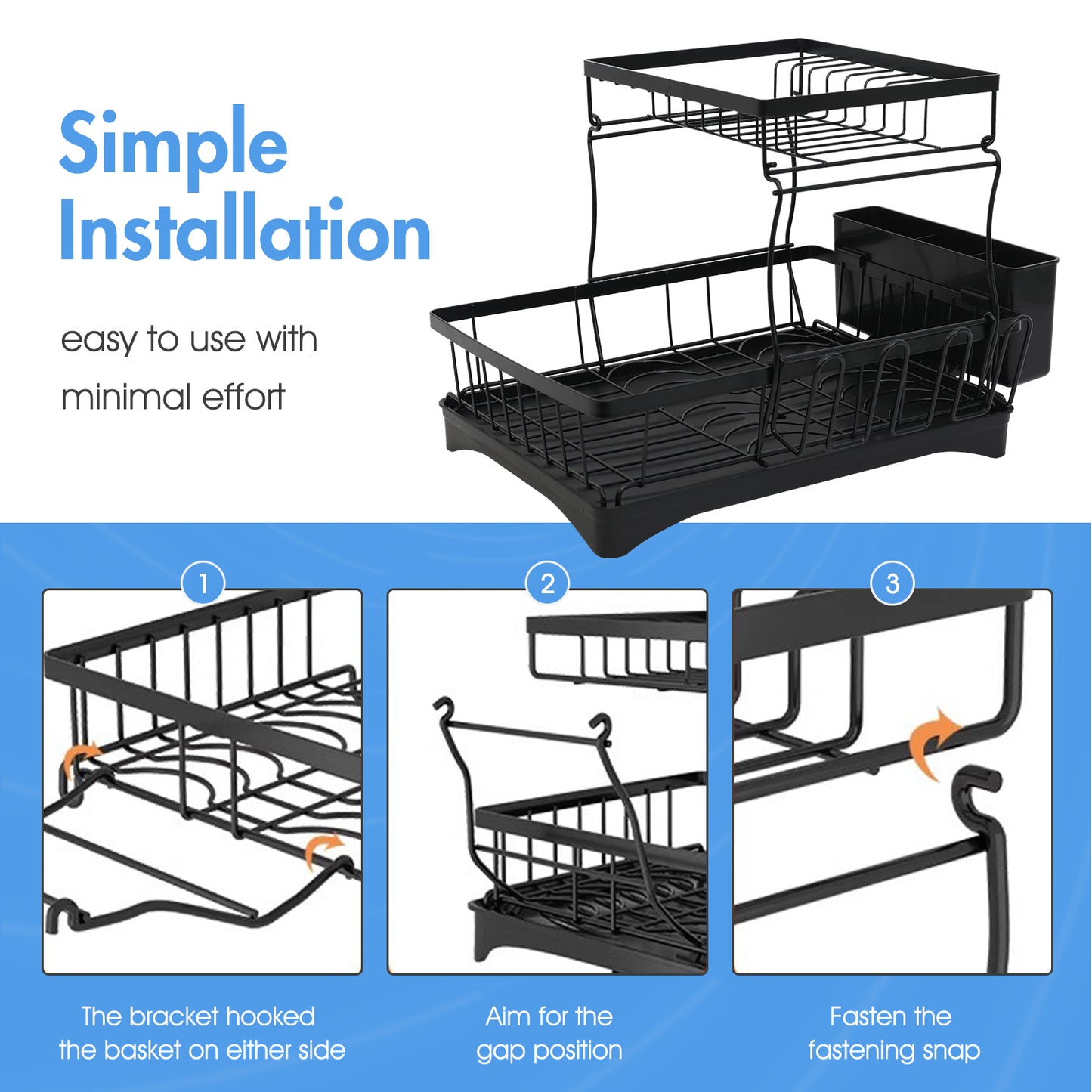 Dish Drying Rack for Countertop, Rustproof Space-Saving & Multipurpose 2-Tier Dish Rack for Kitchen Counter with Utensil Holder, Large Capacity, Black