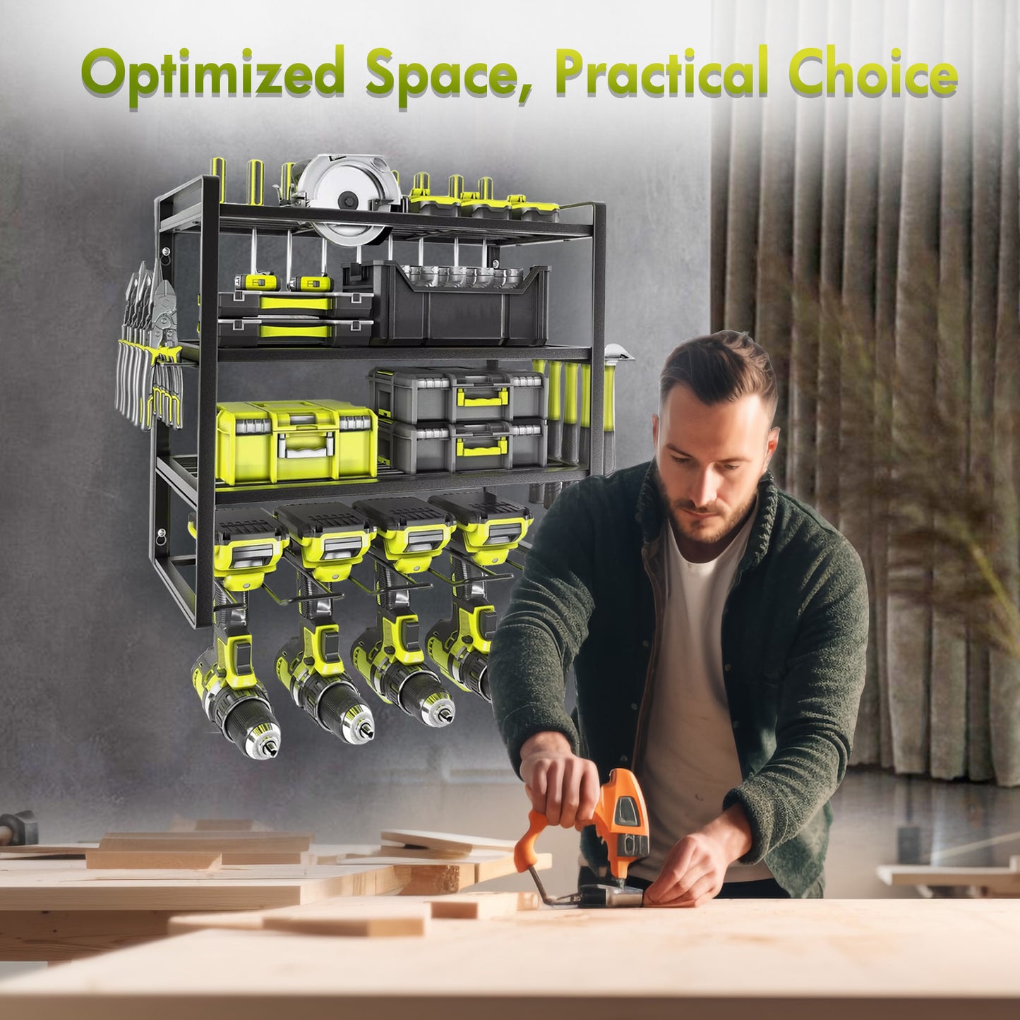 ALSO GO 4 Layers Power Tool Organizer, Heavy Duty Metal Tool Storage Rack, Drill Holder Wall Mount, Battery Tools Holder Shelf, Utility Tool Shelves for Workshop or Garage, Black