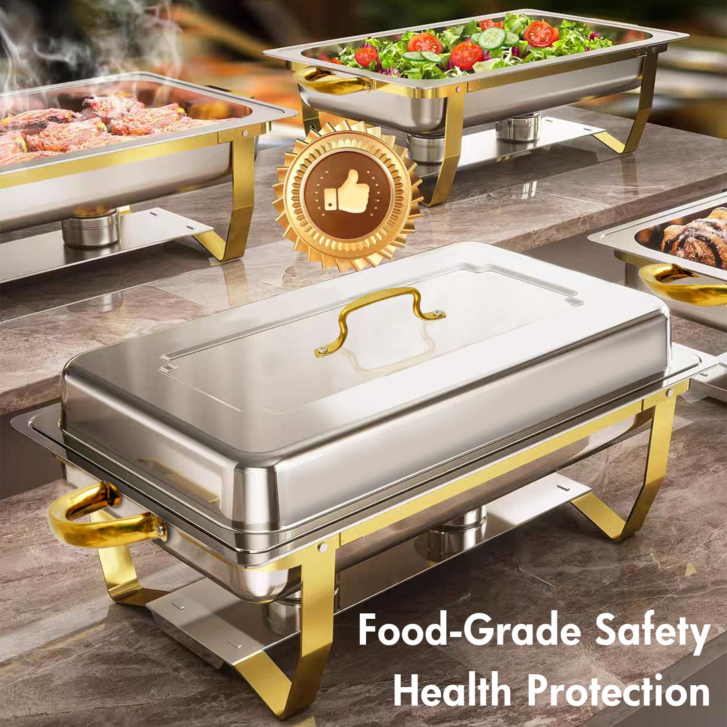 CATGOOD Chafing Dish Buffet Set 4 Pack, 8QT-9QT Rectangular Semi-Gold-Plated Stainless Steel Chafing Dish Set, Buffet Warmer for Hotel Catering, Parties, Weddings, Gold