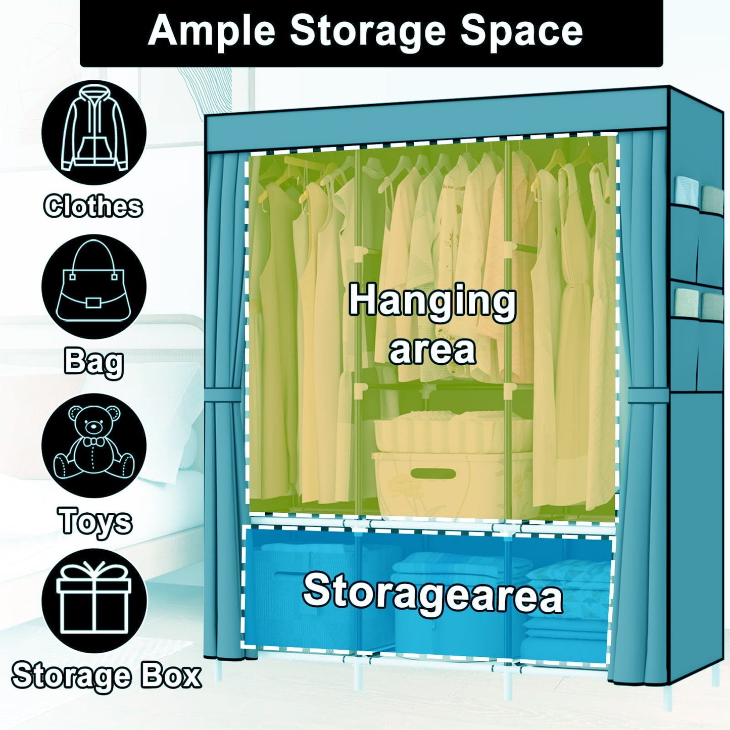Portable Closet Organizers and Storage, Dustproof Non-Woven Fabric Wardrobe Closet Clothes Rack Shelf for Home, Sky Blue