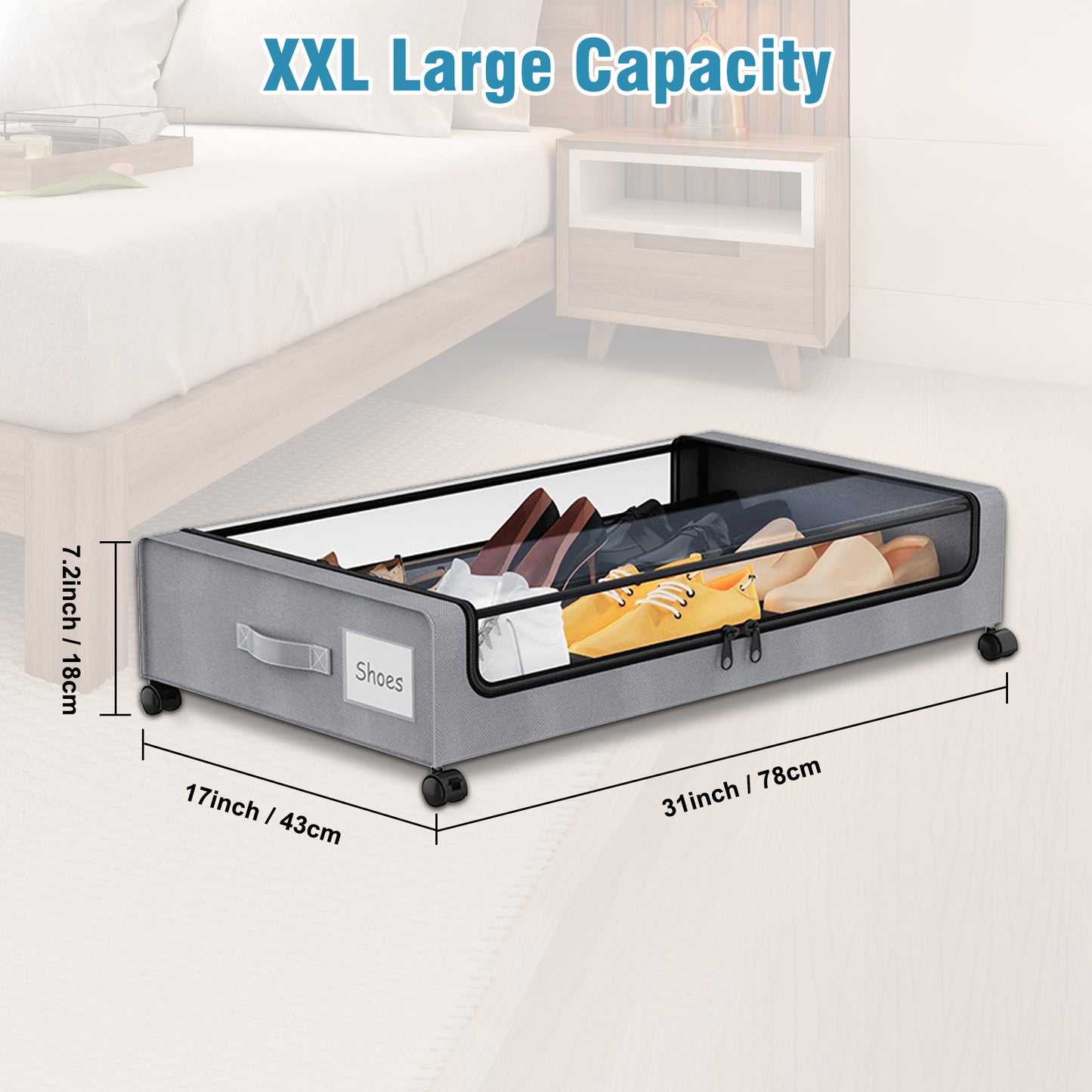 Under Bed Storage with Wheels, 2Pack Under Bed Storage Containers, Under Bed Shoe Storage Organizer, Rolling Under Bed Metal Drawer for Clothes, Blankets,Gary