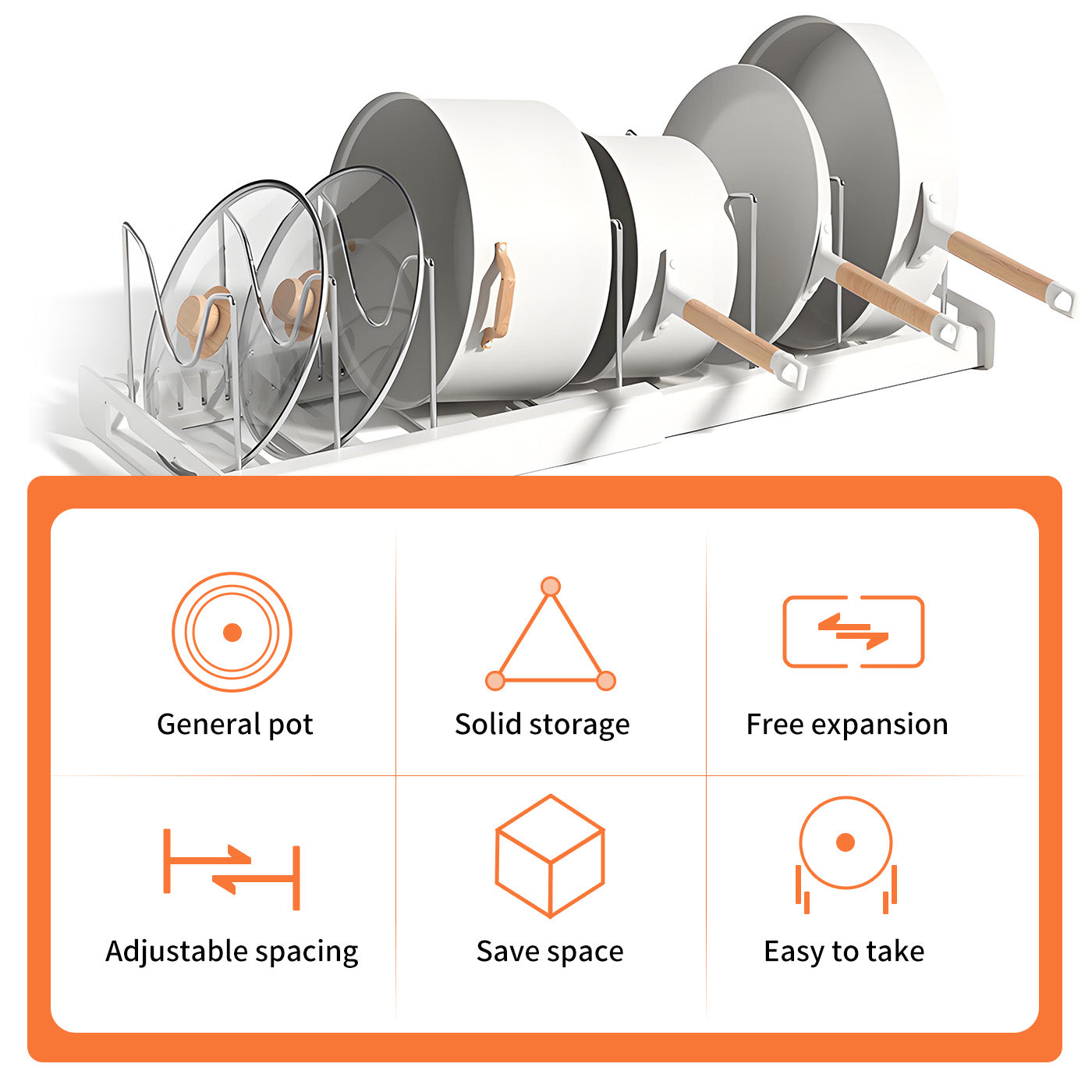Expandable Pan Organizer with 12 Adjustable Shelves, Multifunctional Pots and Pans Organizer Rack for Kitchen Cabinets, Stainless Steel Pan Rack Lid Holder, White