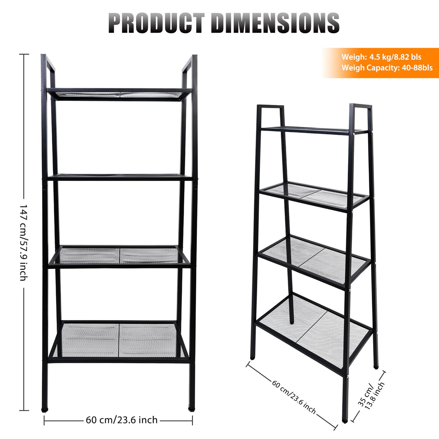 Baokaler Ladder Shelf, 4-Tier Metal Bookshelf Plant Flower Stand Storage Rack Industrial Organizer Modern Shelves Shelving Bookcase Metal Frame for Living Room Kitchen Office 23.6*13.8*57.9in Black