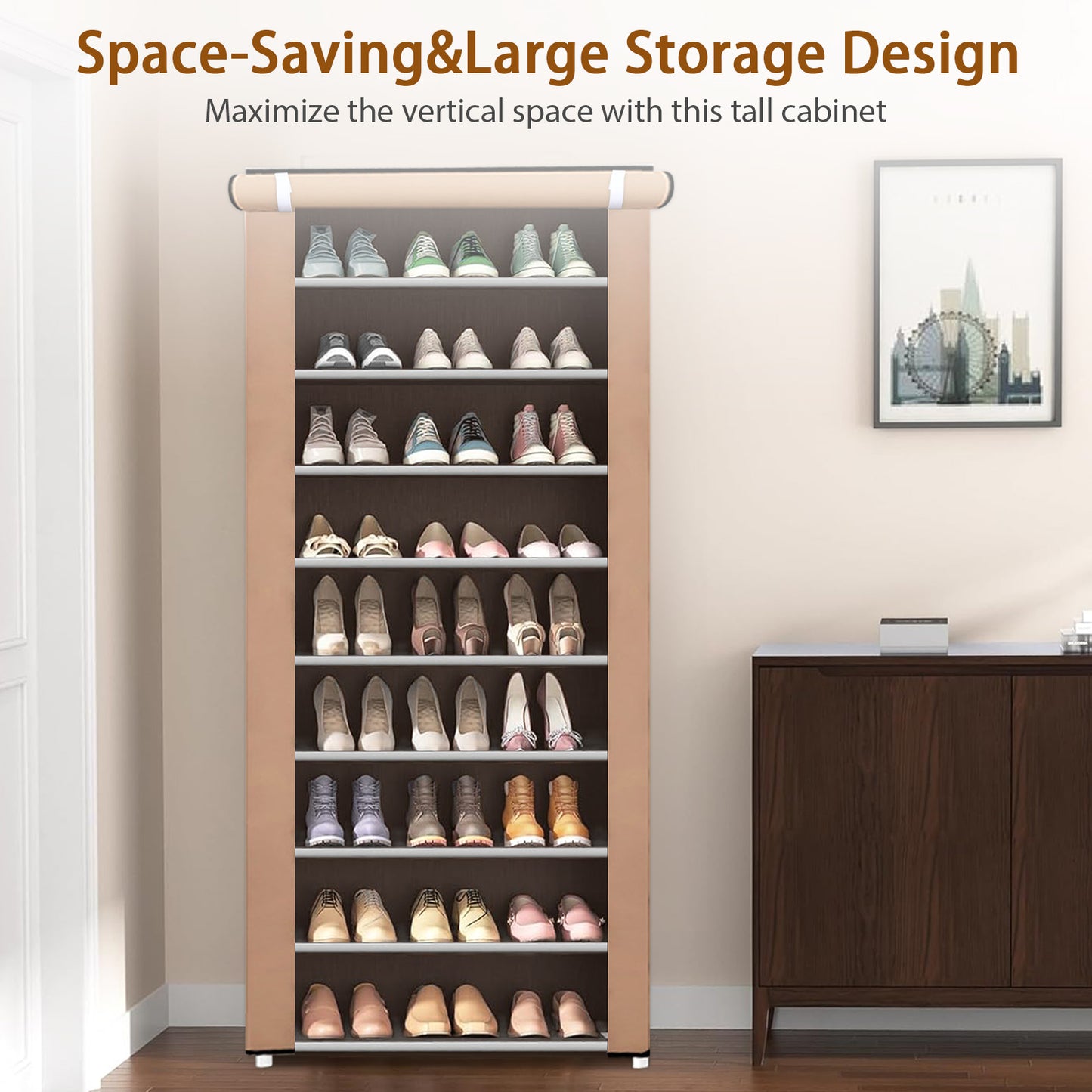 Portable Shoe Rack, 10-Tier 27 Paris Shoe Storage Cabinet with Cover, Non-Woven Fabric Shoe Storage Organizer, 9 Lattices Shoe Cabinet Tower Shelf Closet Coffee