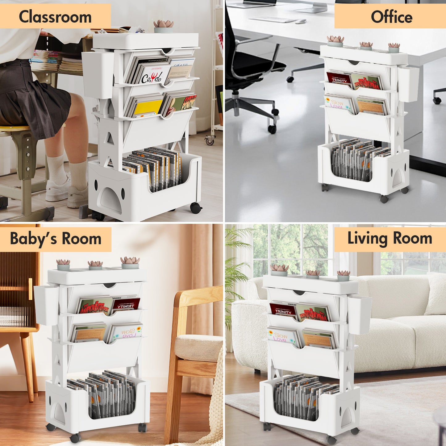 CATGOOD Movable Book Rack with Pen Holder, 5-Tier Storage Bookcase Organizer Mobile Bookshelf Cart with Wheels, Mobile Utility Cart Storage, for Living Room Classroom Office, White