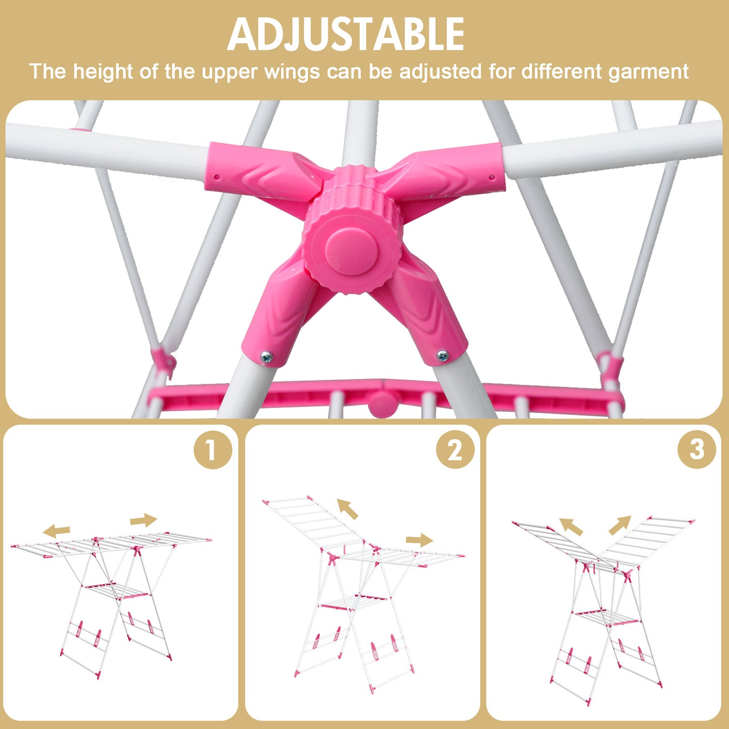 2-Tier Collapsible Clothes Drying Rack, Height-Adjustable Laundry Rack for Drying, Rustproof Clothes Dryer Hanger with Wings for Home, Red