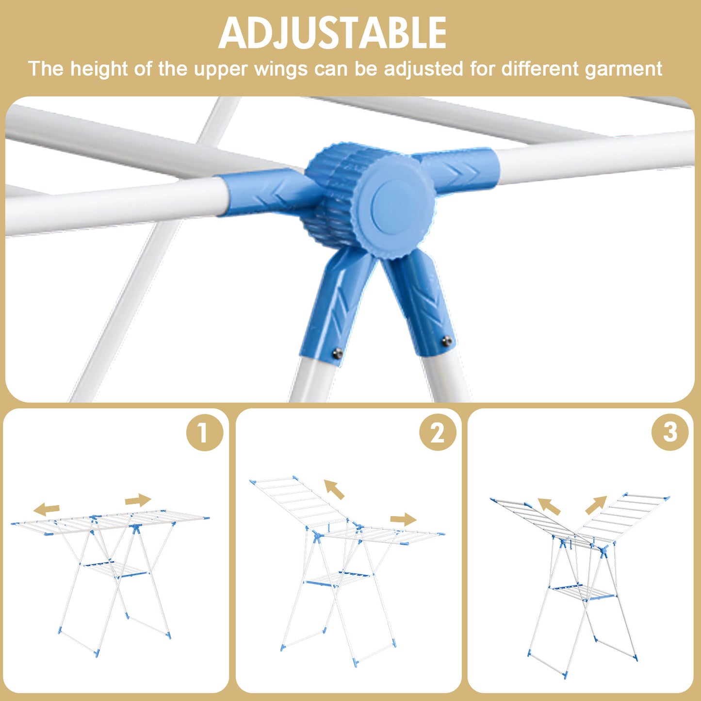 Portable 2-Layer Wing-Style Foldable Clothes Rack with Adjustable Height Wings, Suitable for Indoor/Outdoor Use, Blue