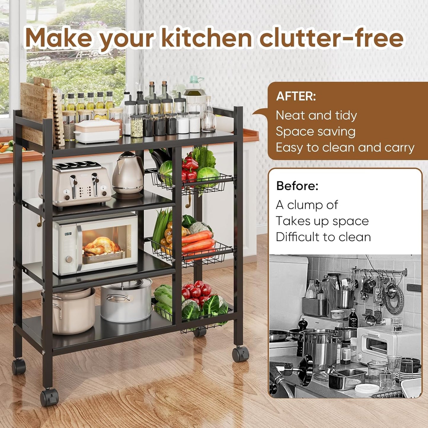 CATGOOD Kitchen Metal Shelf with 3 Baskets, 4 Tiers Multi-Functional Shelf with Wheels, Multi-Layer Mobile Kitchen Shelf Free Standing, Suitable for Kitchen, Bedroom, Living Room, and Balcony, Black