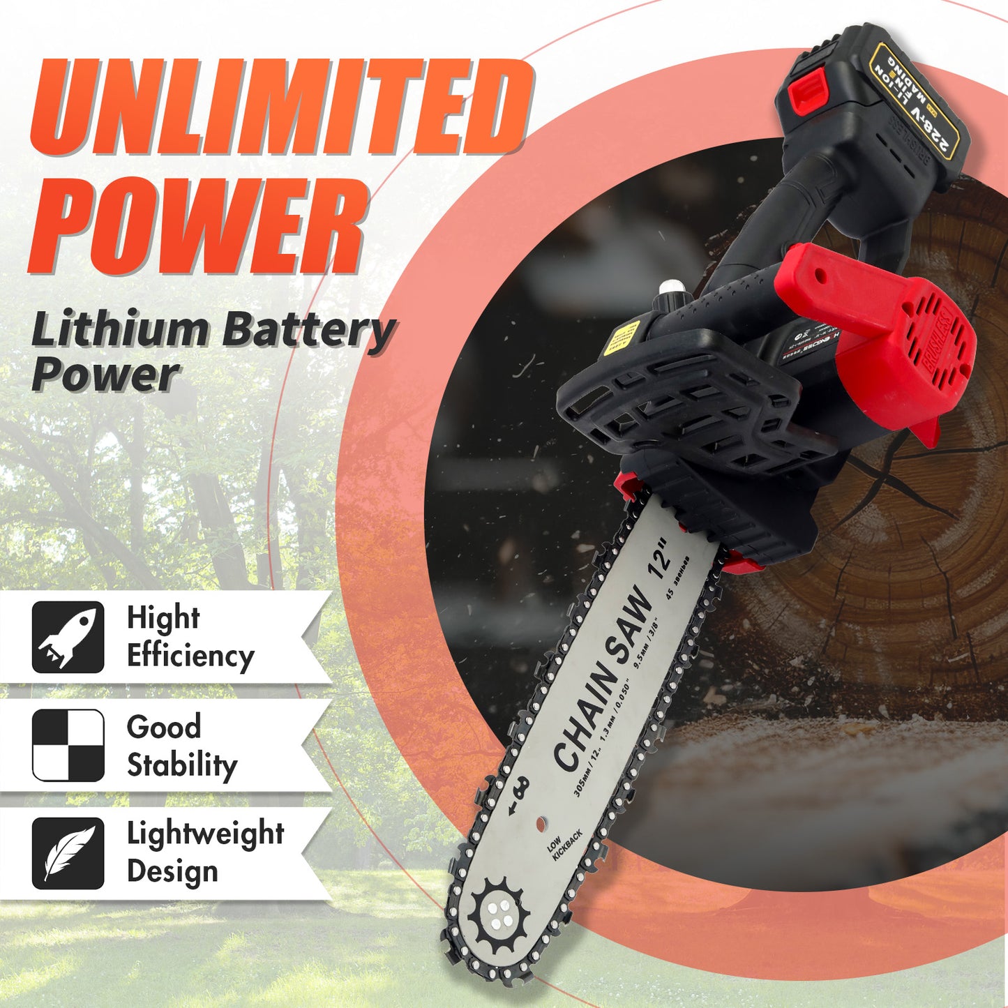 CATGOOD 21V 12" Brushless Cordless Chainsaw, 3.0Ah Battery and Charger Included, for Tree Wood Cutting