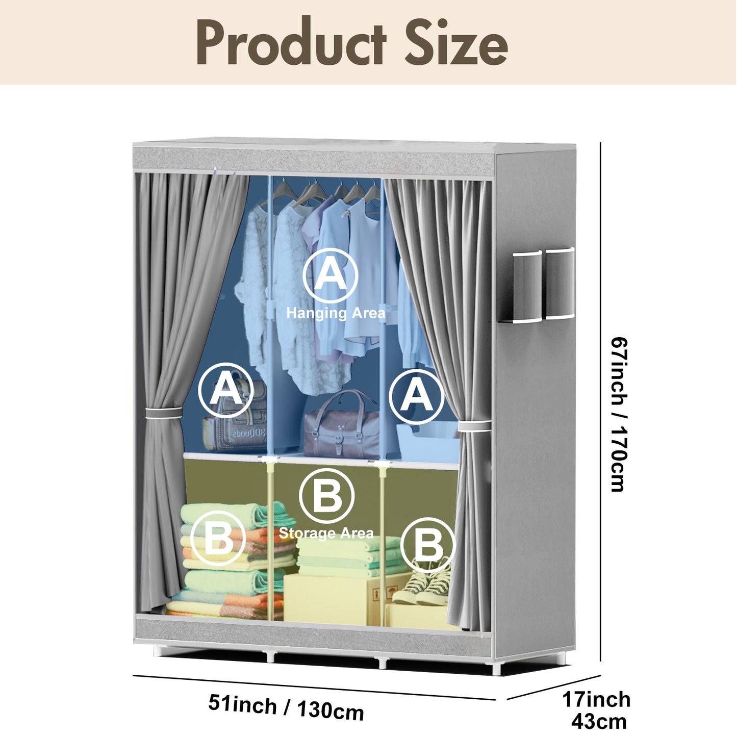 Portable Closet Organizer and Storage with 3 Hanging Rods for Hanging Clothes, 6 Wardrobe Closet Storage Shelves for Bedroom, Easy to Assemble, Grey