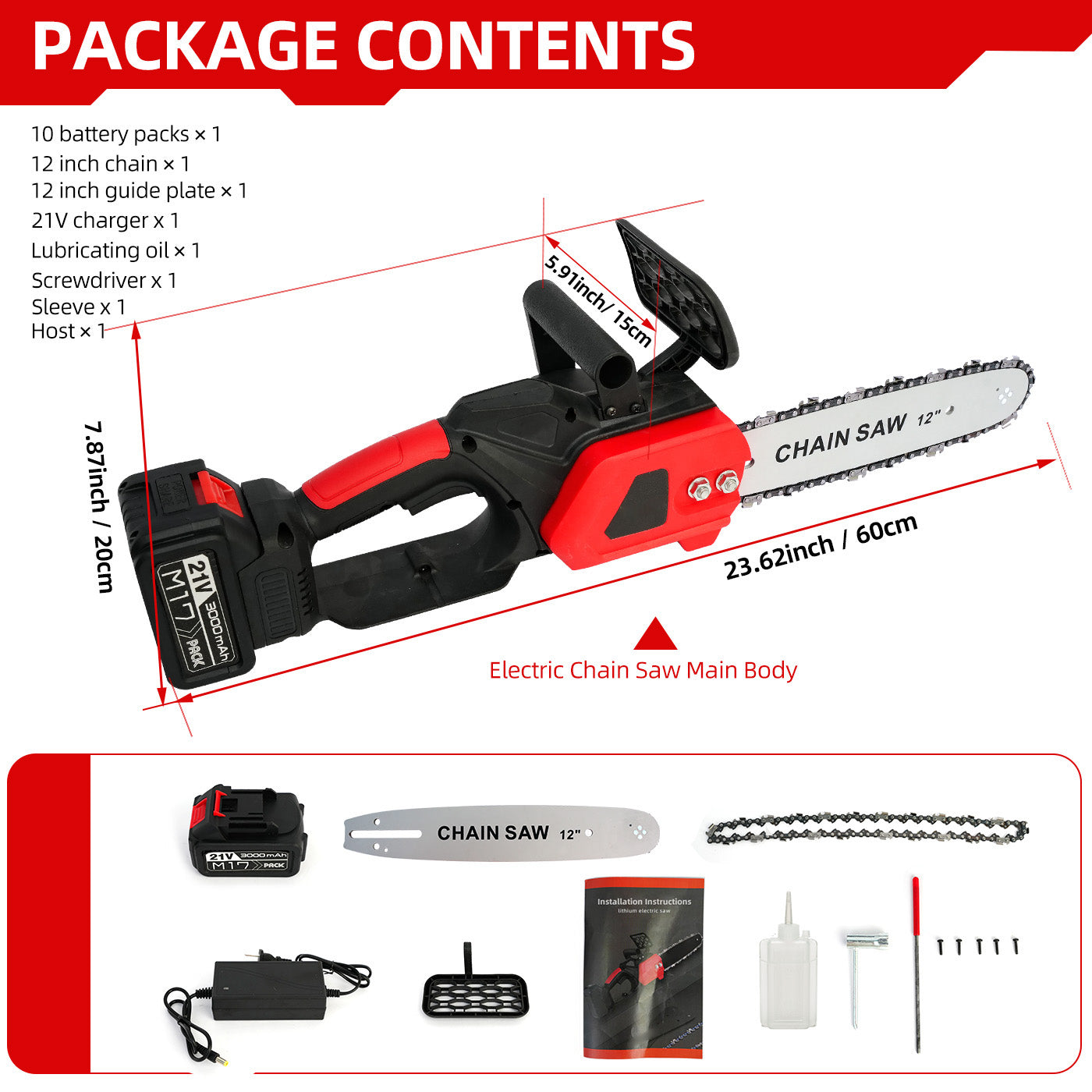 CATGOOD 12" Cordless Chainsaw, 950W Brushless Motor Battery Chain Saw with 21V Rechargeable 3.0Ah Battery and Charger for Wood Cutting