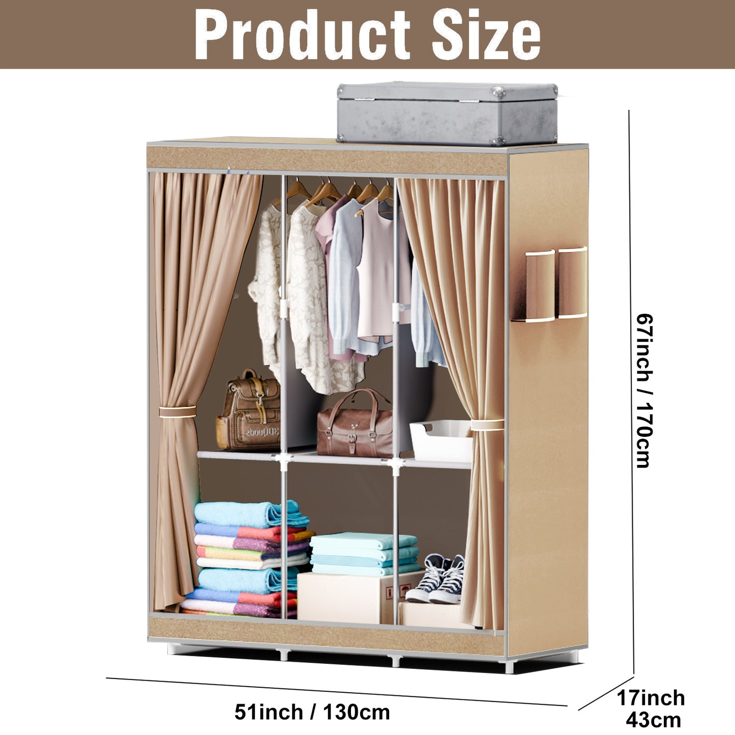 Portable Closet, Clothing Rack Shelf, Dustproof Non-Woven Fabric Closet with Cover, Beige
