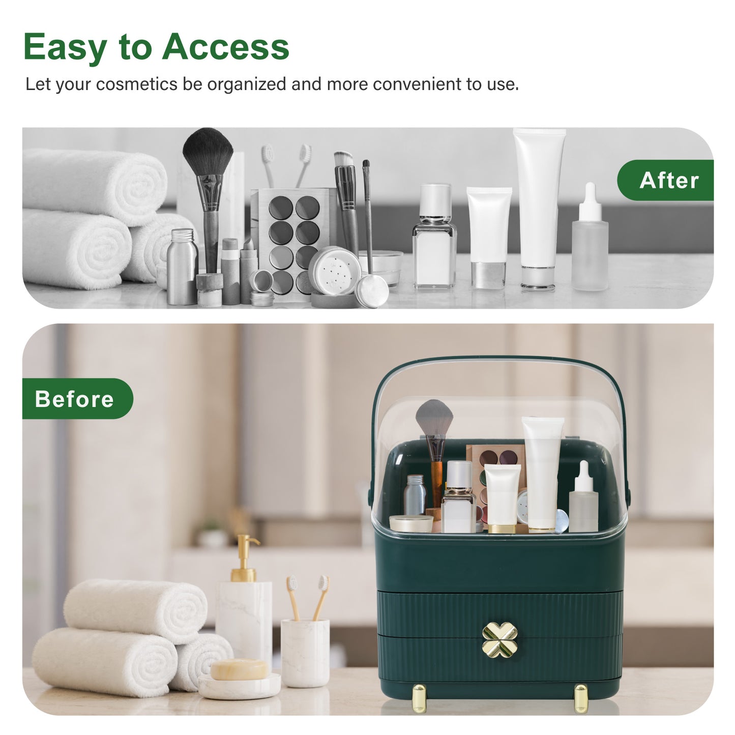 CATGOOD Makeup Organizer Cosmetics Storage with Fully Open Lid, Green, Countertop Cosmetics Display Case, Dresser, Ideal Gift for Women (Dark Green), 10.23*7.08*14.17in