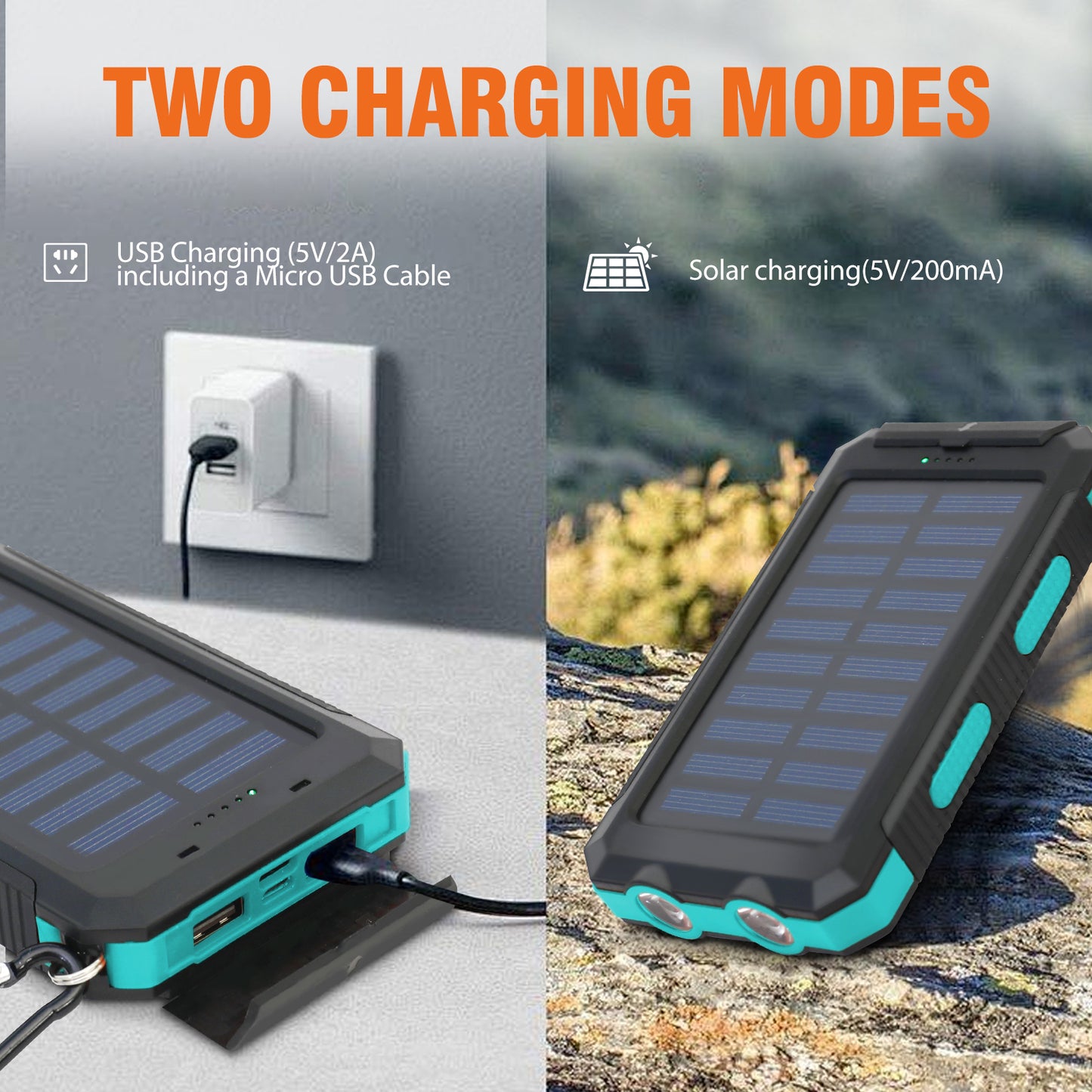 CATGOOD Solar Charger for Cell Phone 20000mAh, Portable Solar Power Bank with Dual 5V USB Ports, 2 Led Light Flashlight, Compass (Blue)