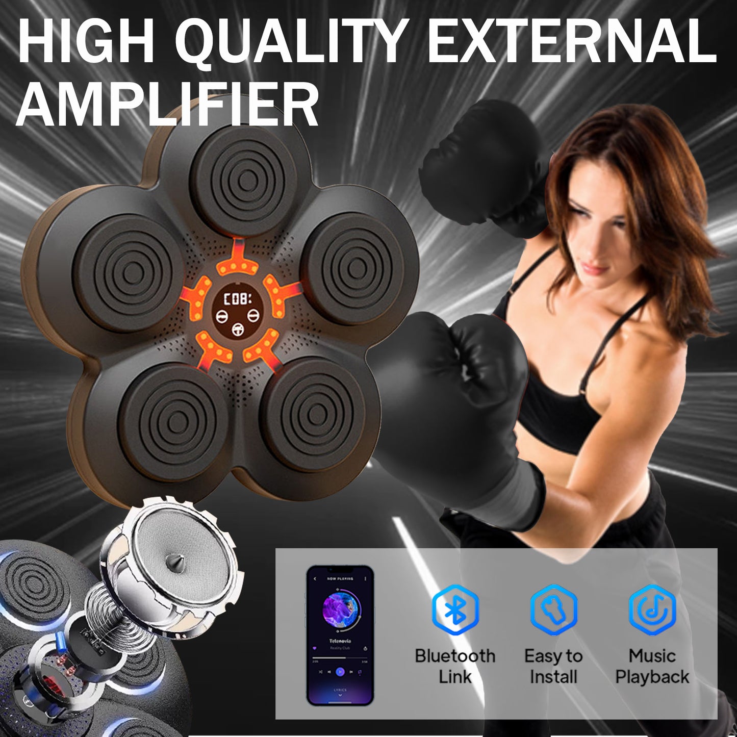 Music Boxing Machine, Wall-Mounted Music Boxing Trainer, Punching Exercise Equipment with 9-Speed Modes for Kids and Adults, Velcro Mount Type, Black