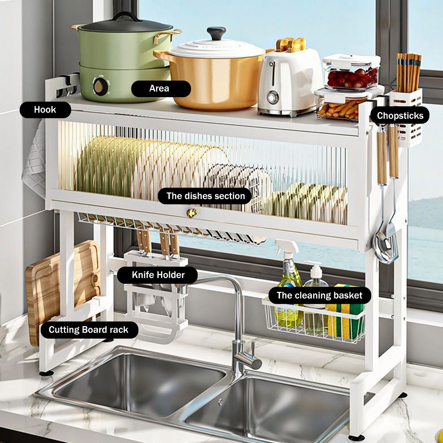 Dish Rack Over Sink for Kitchen, 165LBS Load Drying Rack Above Sink with Visible Cabinet Door, Large Carbon Steel Dish Drainer for Dishes, Bowls and Utensils, White