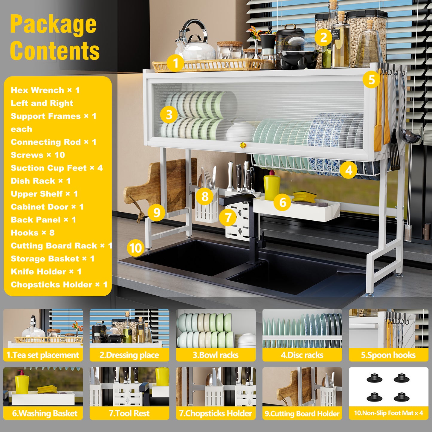 Over the Sink Dish Rack with Cabinet, Multifunctional Dish Drying Rack Above Sink with Visible Cupboard Door for Drying Dishes, Glasses, Bowls, and Utensils, White, Length-41.34"