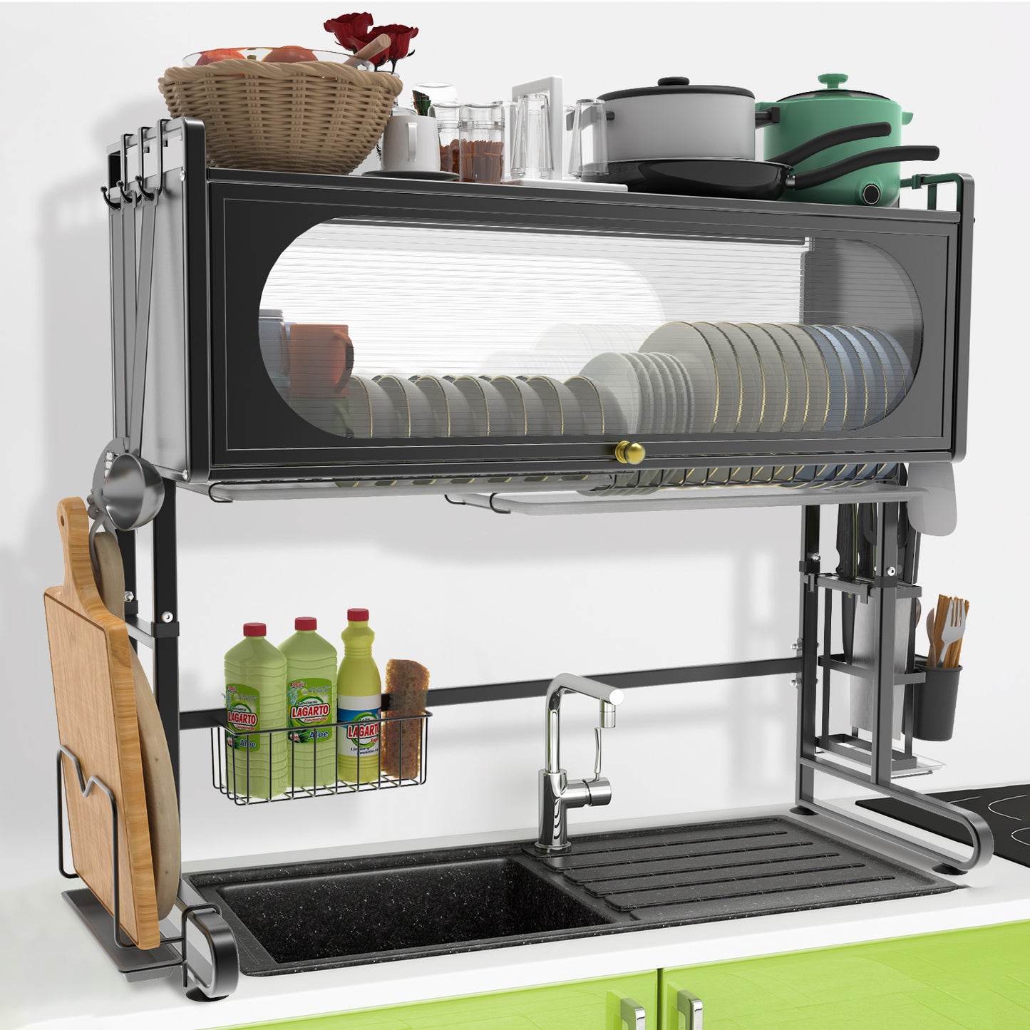 ALSO GO 3-tier Over The Sink Dish Drying Rack, Large Capacity Dish Rack with Cover, Expandable Length & Height, Adjustable Metal Dish Drainer for Kitchen Counter, Space-Saving, Black