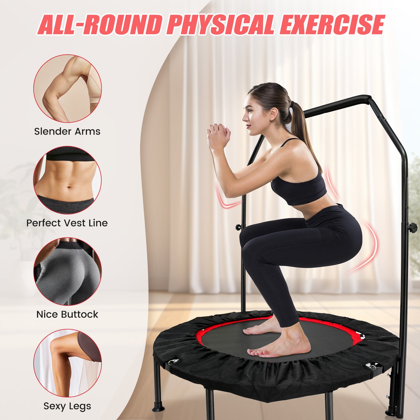 48" Exercise Mini Trampoline, Fitness Rebounder Trampoline for Adults with Adjustable Foam Bar, 330lb, Indoor Trampoline for Adults/Kids