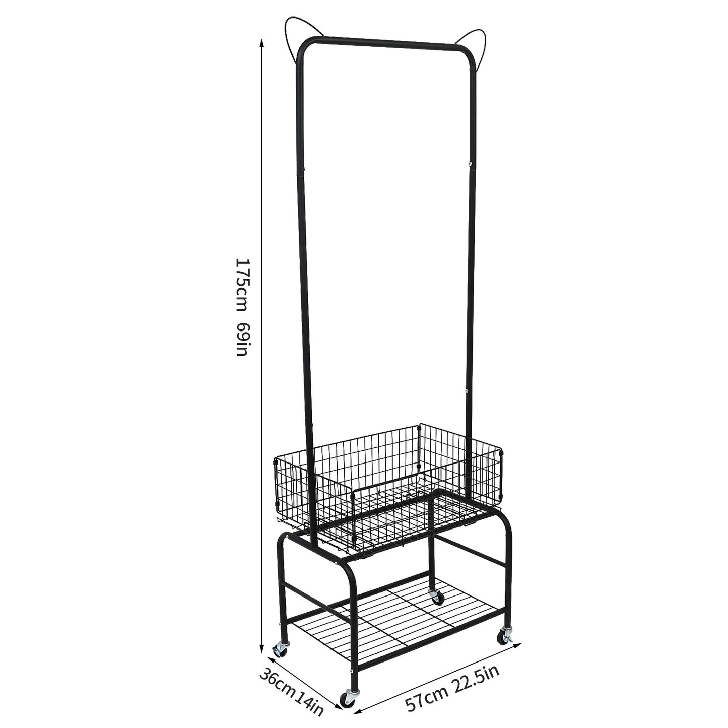 ALSO GO Rolling Laundry Cart with Clothes Rack, Multifunctional Rolling Laundry Hamper with Basket, Hamper Cart with Lockable Wheels, Black