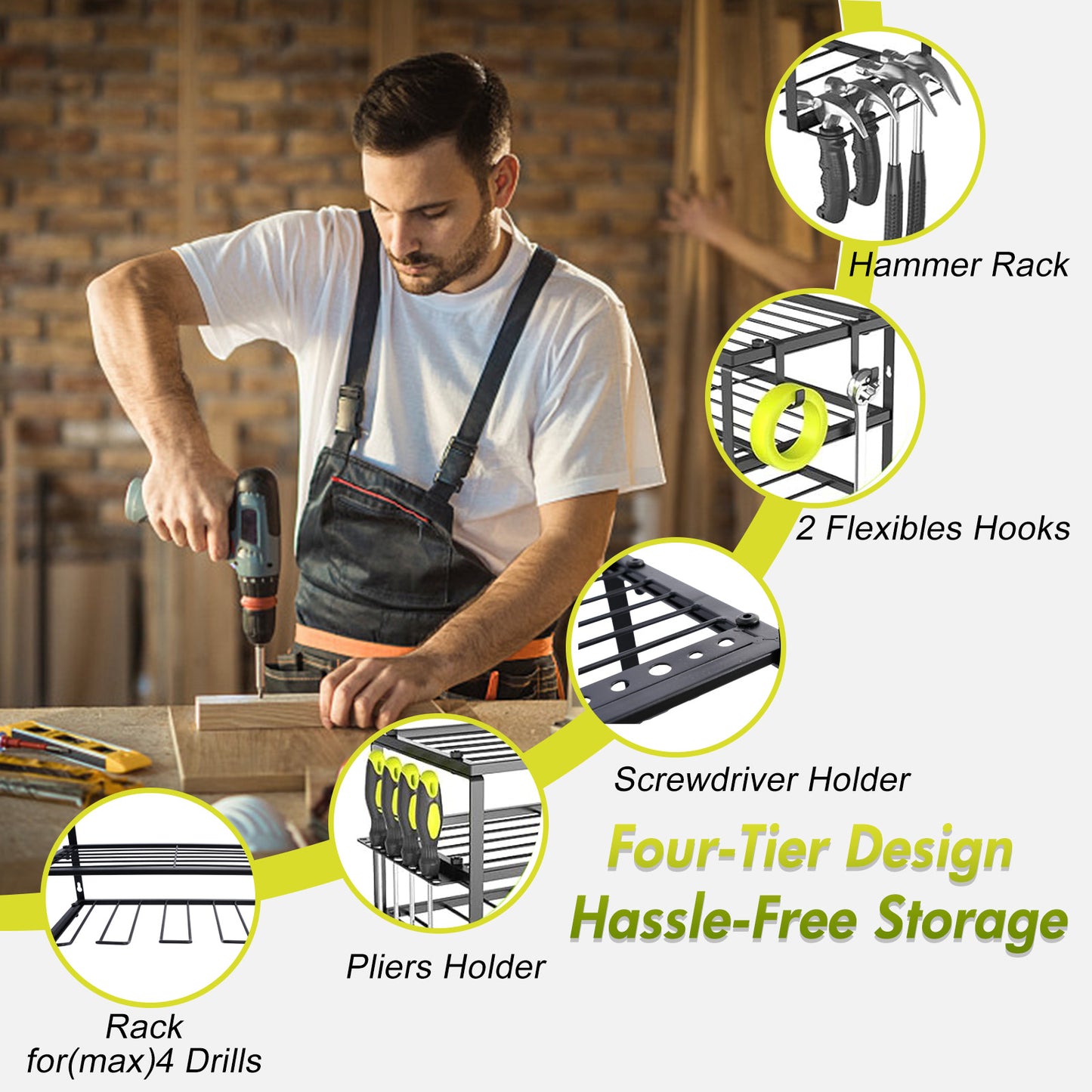 ALSO GO Power Tool Organizer, 3 Layers Storage Rack with 4 Drill Holders, Garage Storage Shelving Wall Mounted, Floating Tool Shelf Wall Mounted
