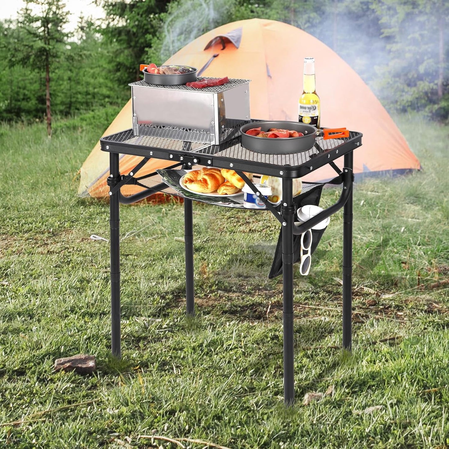 Folding Grill Table Aluminum Portable Grill Stand Table for Outdoor Camping Picnic BBQ Lightweight Adjustable Height Black