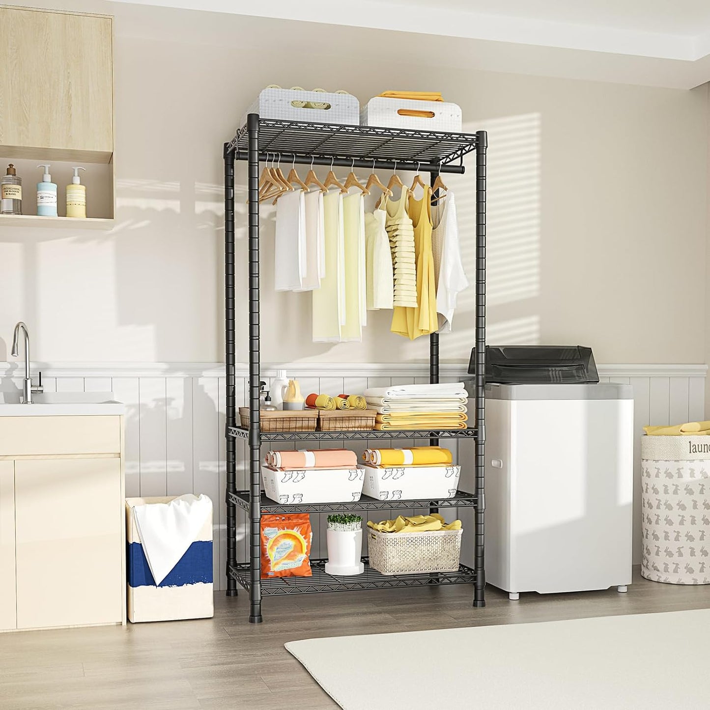 Clothes Rack, Heavy Duty Clothing Rack for Hanging Clothes, 4-Tier Adjustable Closet Organizer with 4 Drawers, Hanging Rod Side Hooks Load 445lbs