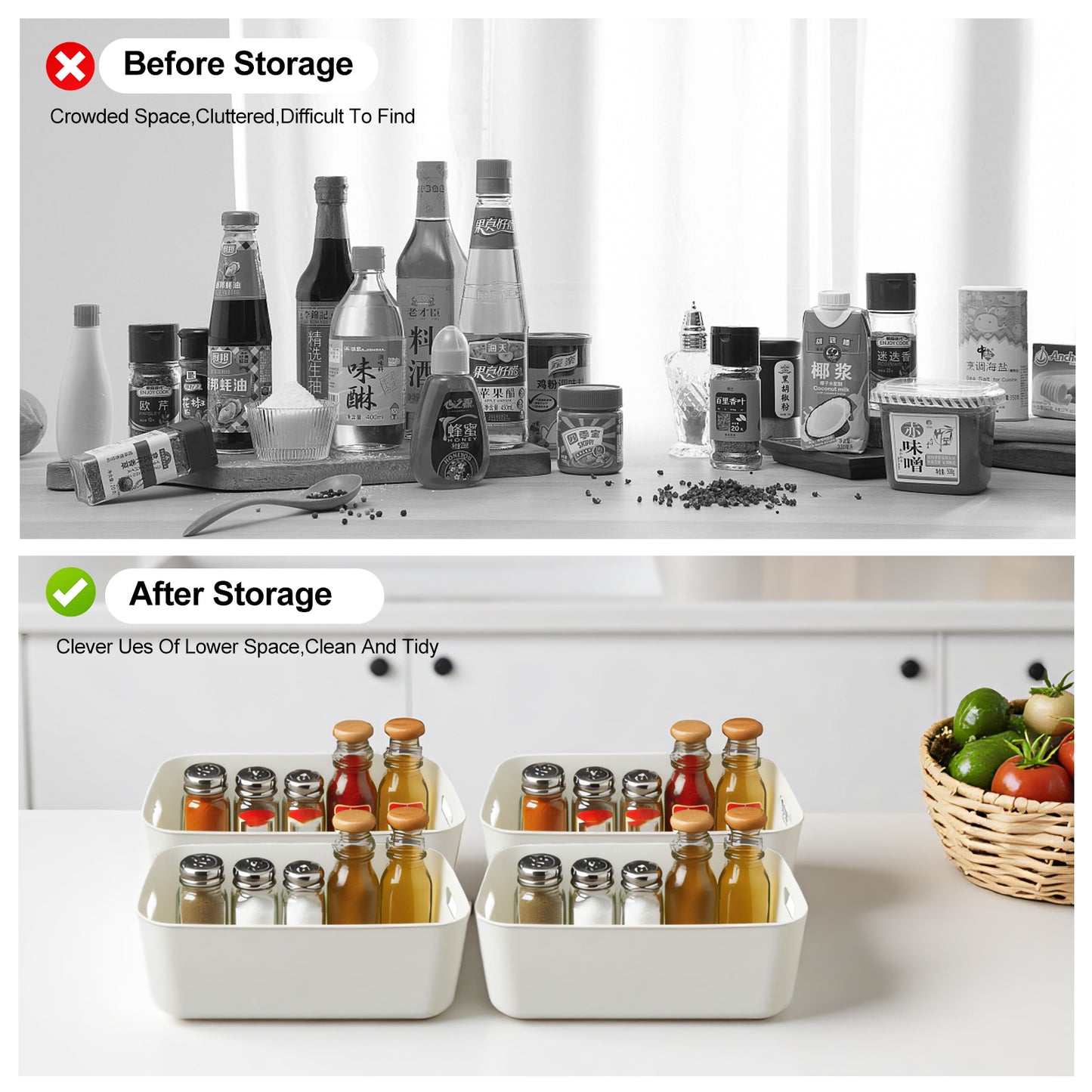 CATGOOD Storage Bins with Bamboo Lids 2 Pack, White Stackable Storage Bins with Lids for Kitchen, Cabinet, Bathroom, Plastic Storage Baskets, Premium Minimalist Boxes, 15"x10.24"x6.3"