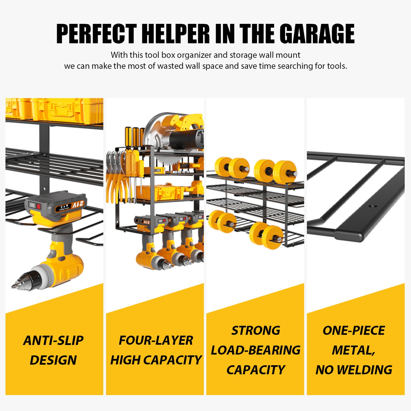CATGOOD Power Tool Organizer, 8 Drill Holder Wall Mount, 4 Layer Heavy Duty Metal Tool Storage Rack, Battery Tools Holder Shelf,Utility Tool Shelves for Workshop or Garage, Black
