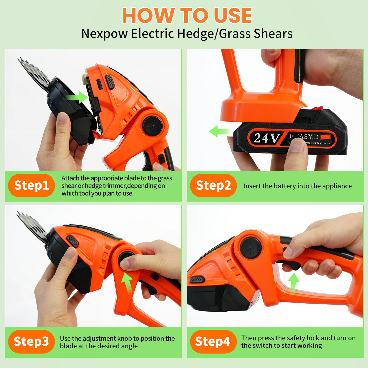 2-in-1 Cordless Hedge Trimmer, 24V Electric Hedge Trimmer with 2 Batteries and Charger for Garden and Lawn Maintenance, Orange