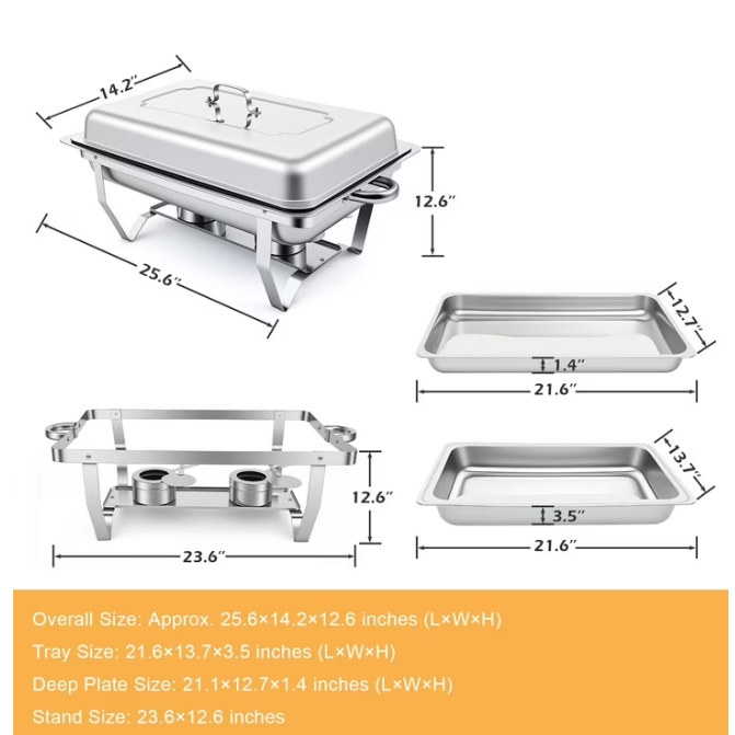 9Qt Chafing Dishes Set Foldable Rectangular Chafer Set, Stainless Steel Food Warmer Set, Full Size for Cooked Food Insulation, 6-Pack