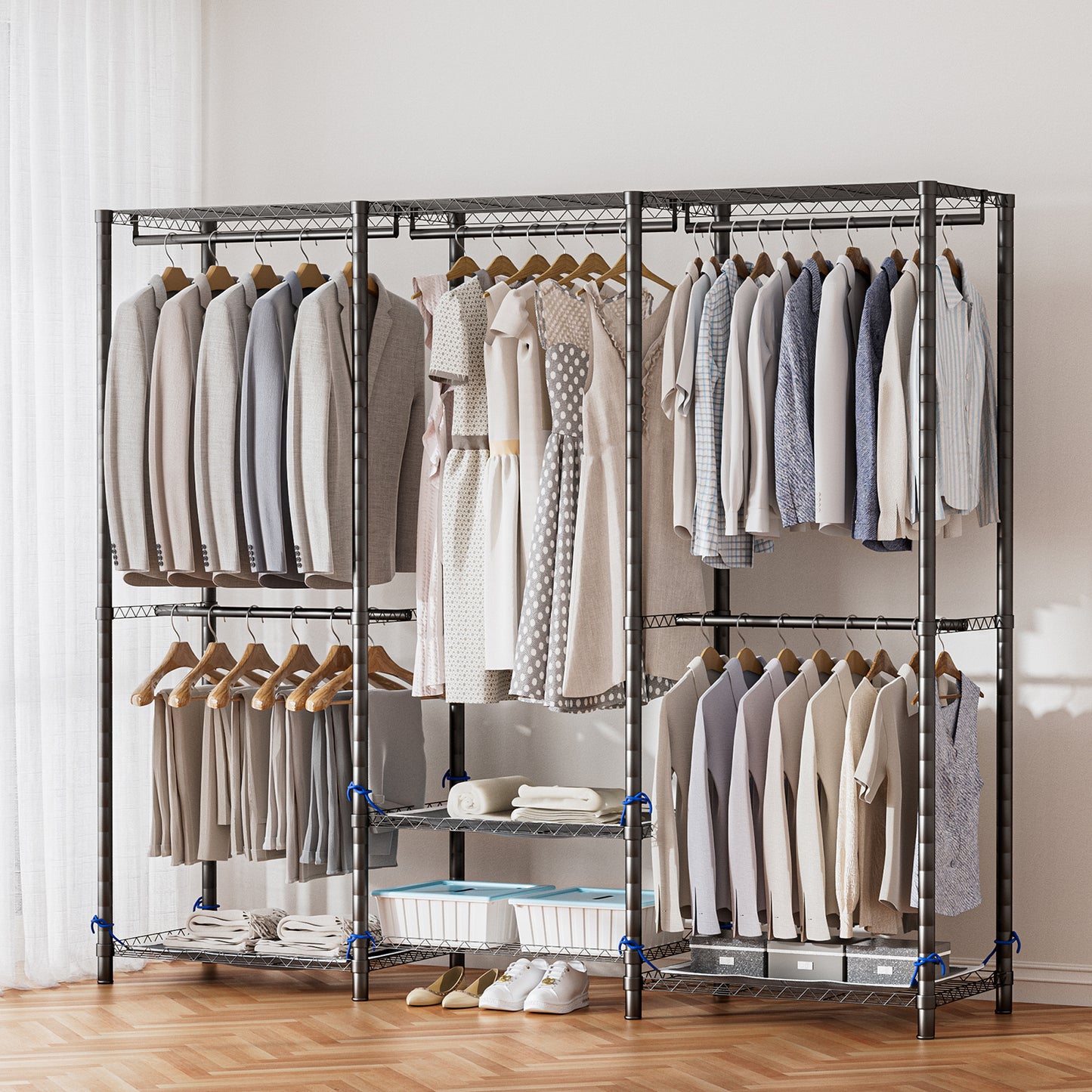 Baokaler Portable Closet Wardrobe 800LBS Heavy Duty Wire Garment rack with Gray Fabric Cover, Metal Clothes rack Freestanding Closet Organizer Portable Adjustable Wardrobe for Bedroom, Black