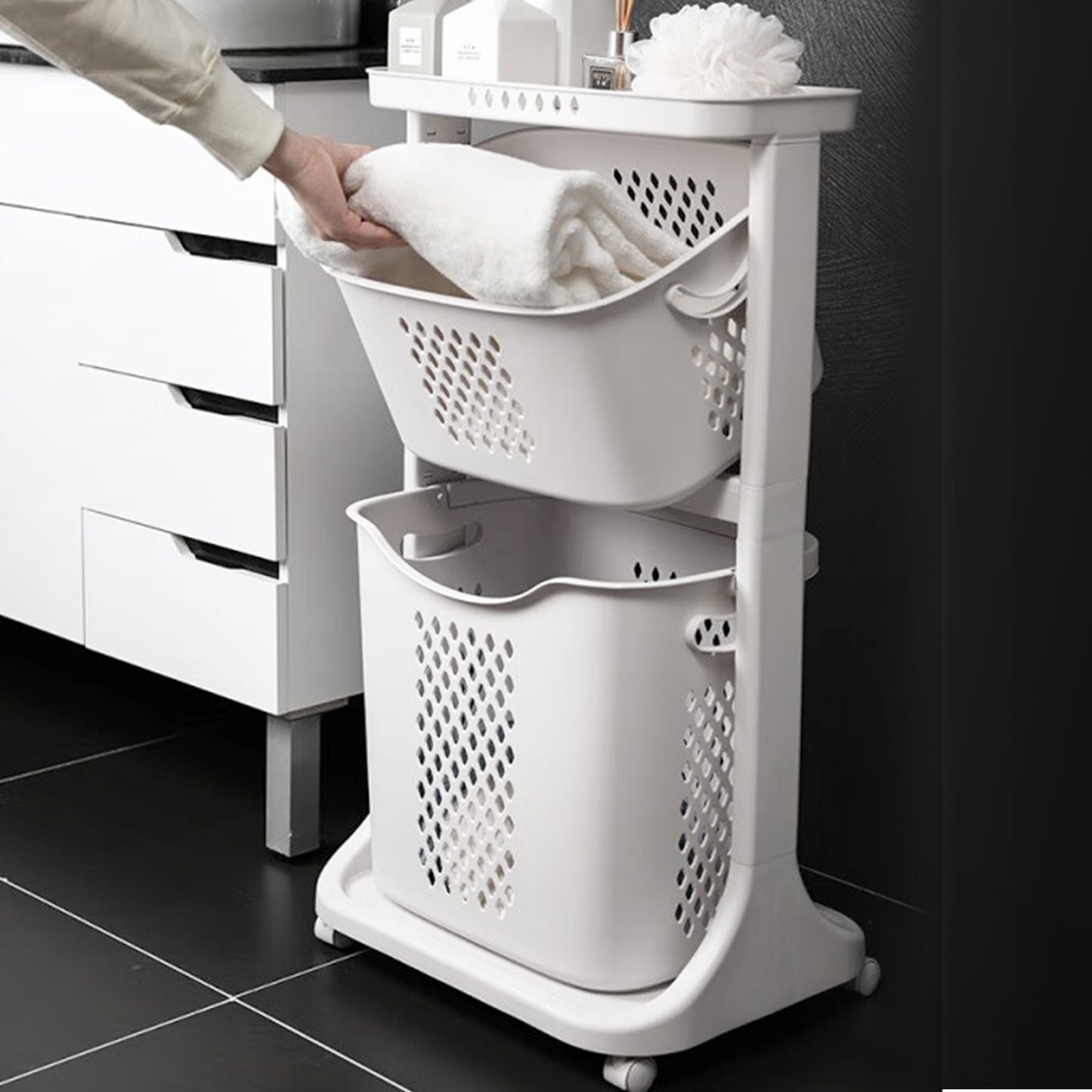 Magichomestore 2-Tier Rolling Laundry Hamper Sorter with Wheels, White