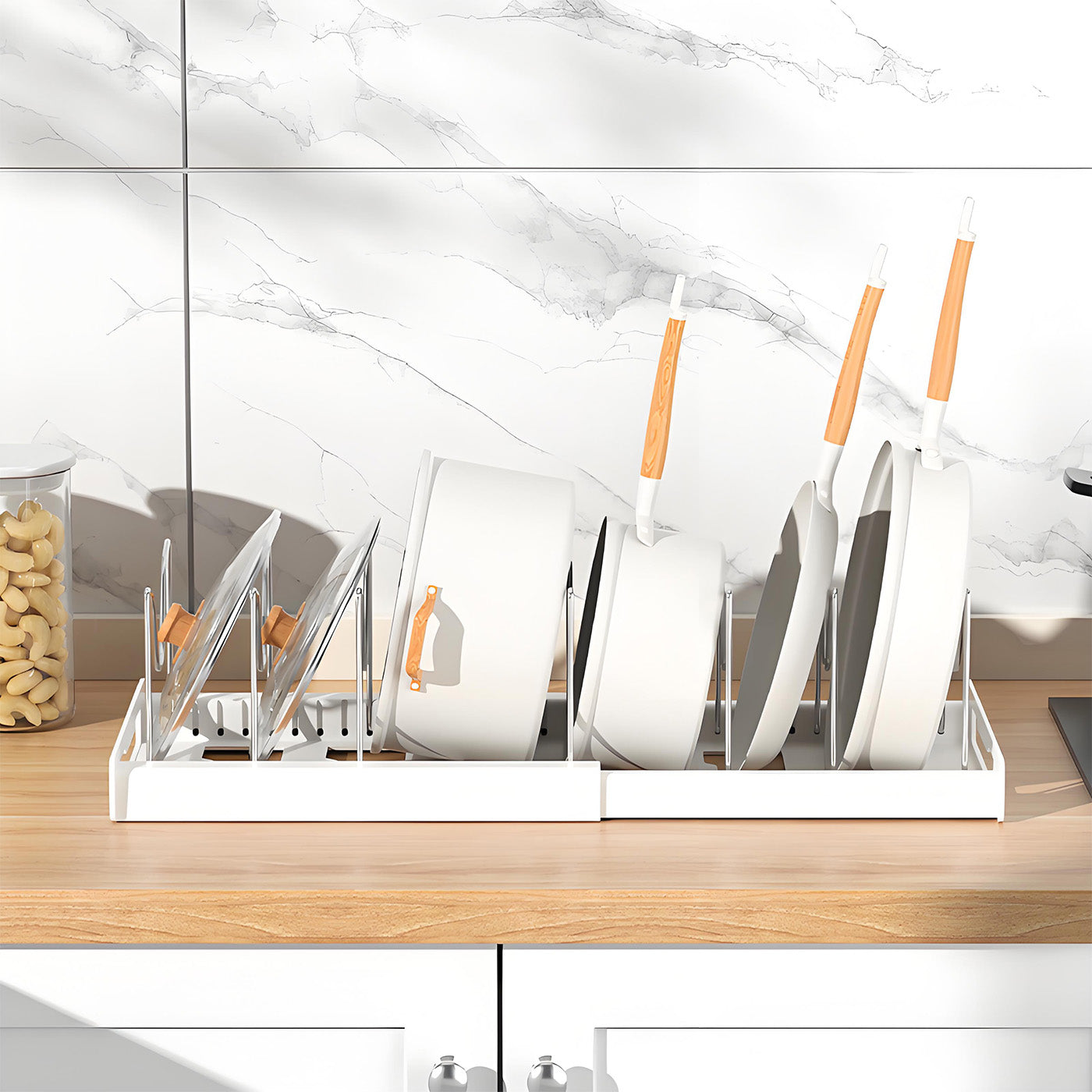Expandable Pan Organizer with 12 Adjustable Shelves, Multifunctional Pots and Pans Organizer Rack for Kitchen Cabinets, Stainless Steel Pan Rack Lid Holder, White