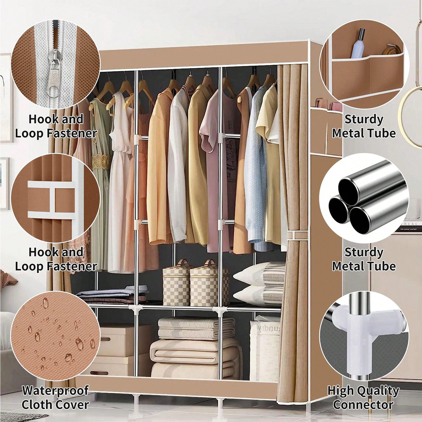 Portable Closet, Clothing Rack Shelf, Dustproof Non-Woven Fabric Closet with Cover, Beige