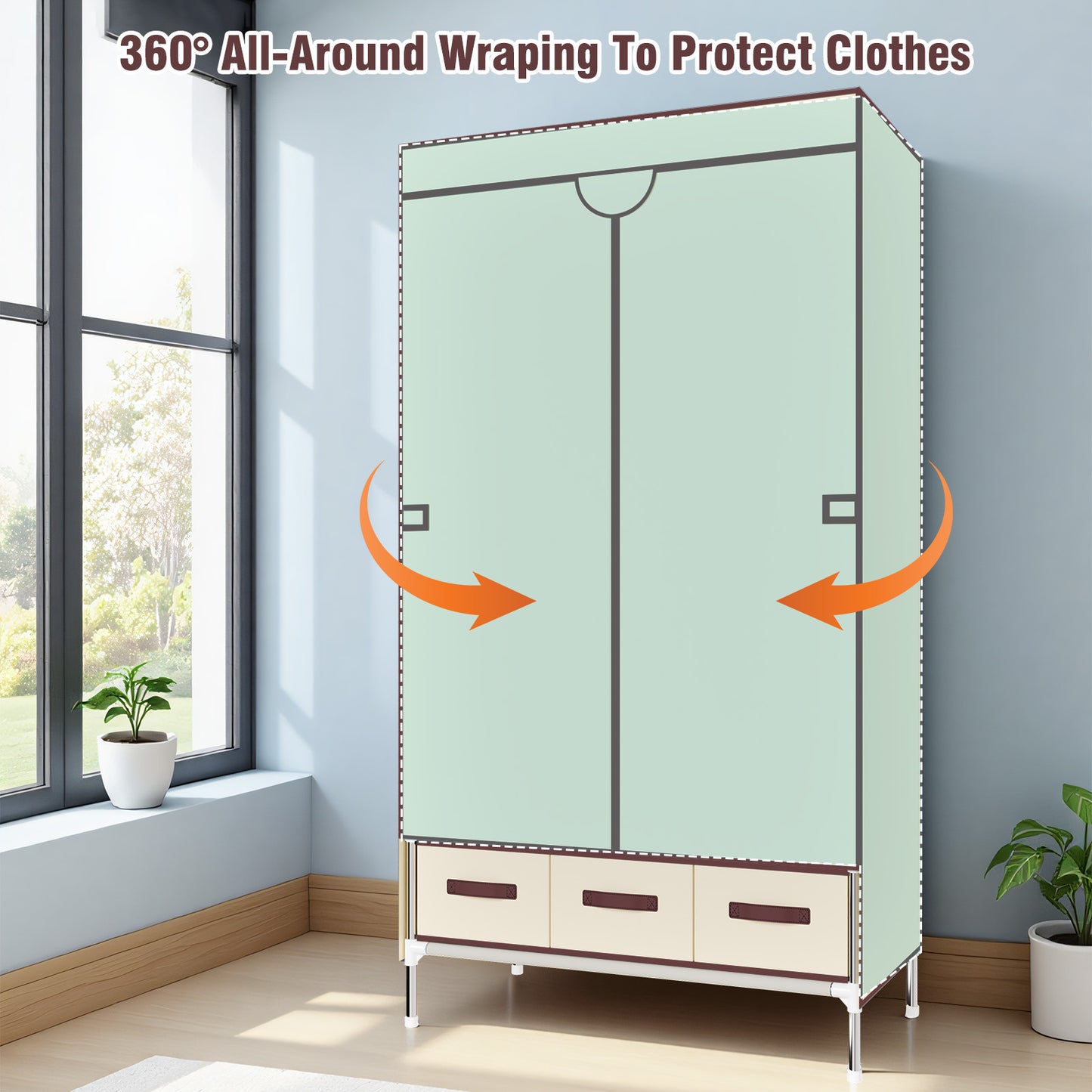 Durable Clothes Storage, Non-Woven Fabric Portable Closet Hanging Closet Organizers and Storage, Easy to Assemble, Includes 3 Storage Drawers, Ideal for Rentals, Dorms, Bedrooms, Beige