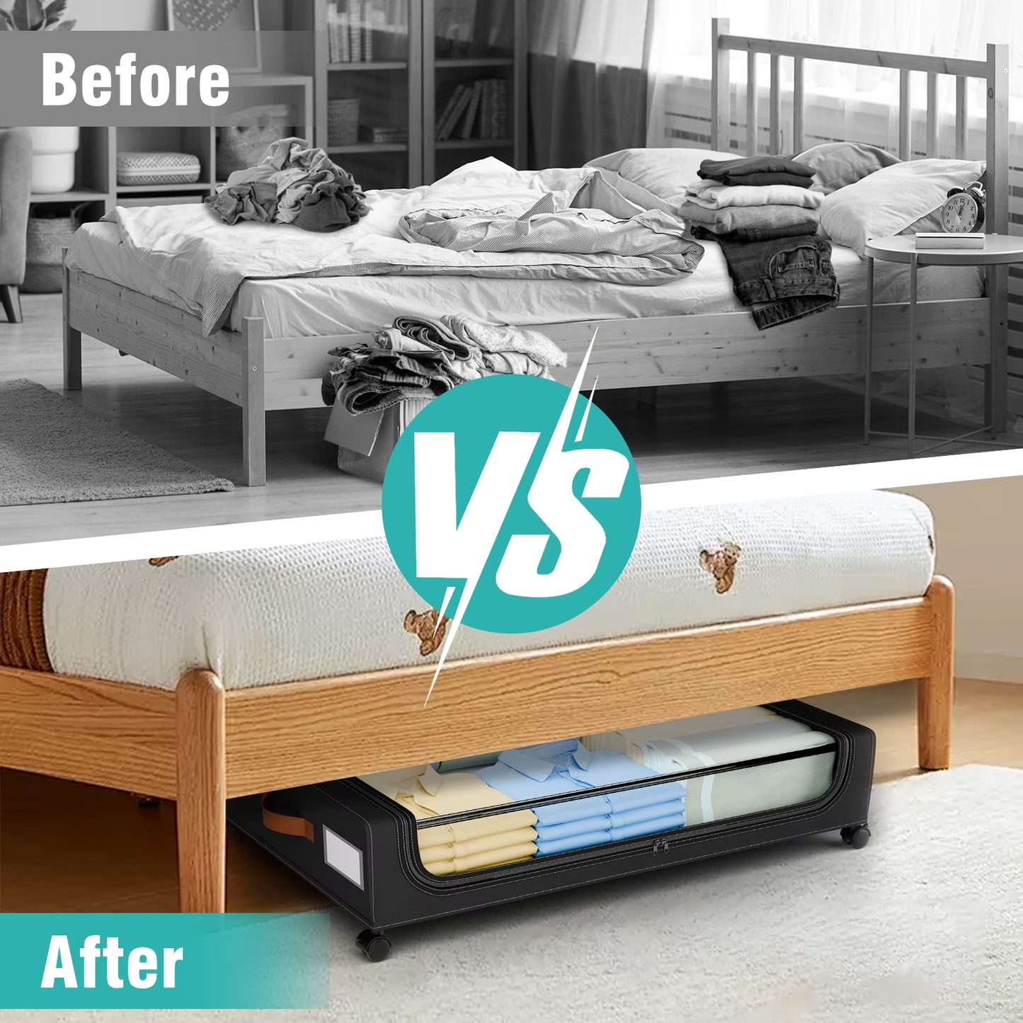 Under Bed Storage with Wheels, 4-Pack Under the Bed Storage Containers with Clear Lids & Label, Underbed Storage Bins, Rolling Metal Drawer for Clothes, Shoes, Toys, Books - Black