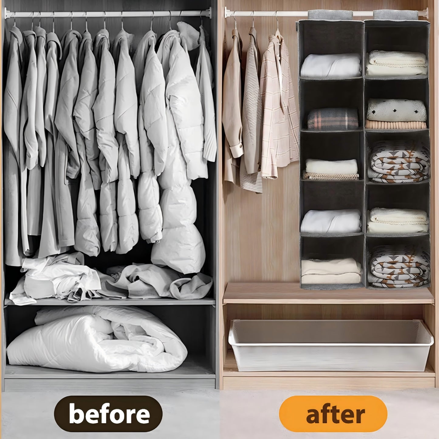 Hanging Closet Organizer, 2 Packs Closet Organizer and Storage, 5-Shelf Closet Hanging Storage Shelves, Closet Organization for Bedroom, Nursery, Diapers, Grey