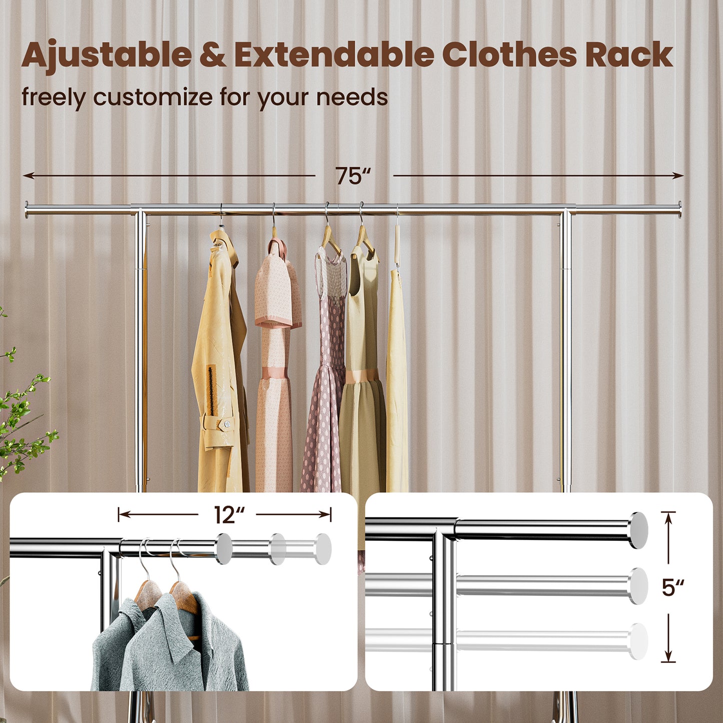Clothes Rack Load 400 LBS, Metal Heavy Duty Clothes Rack, Free Standing Clothing Rack for Hanging Clothes with Sturdy Wheels & Shelves, Portable Closet Wardrobe Rack, Silver