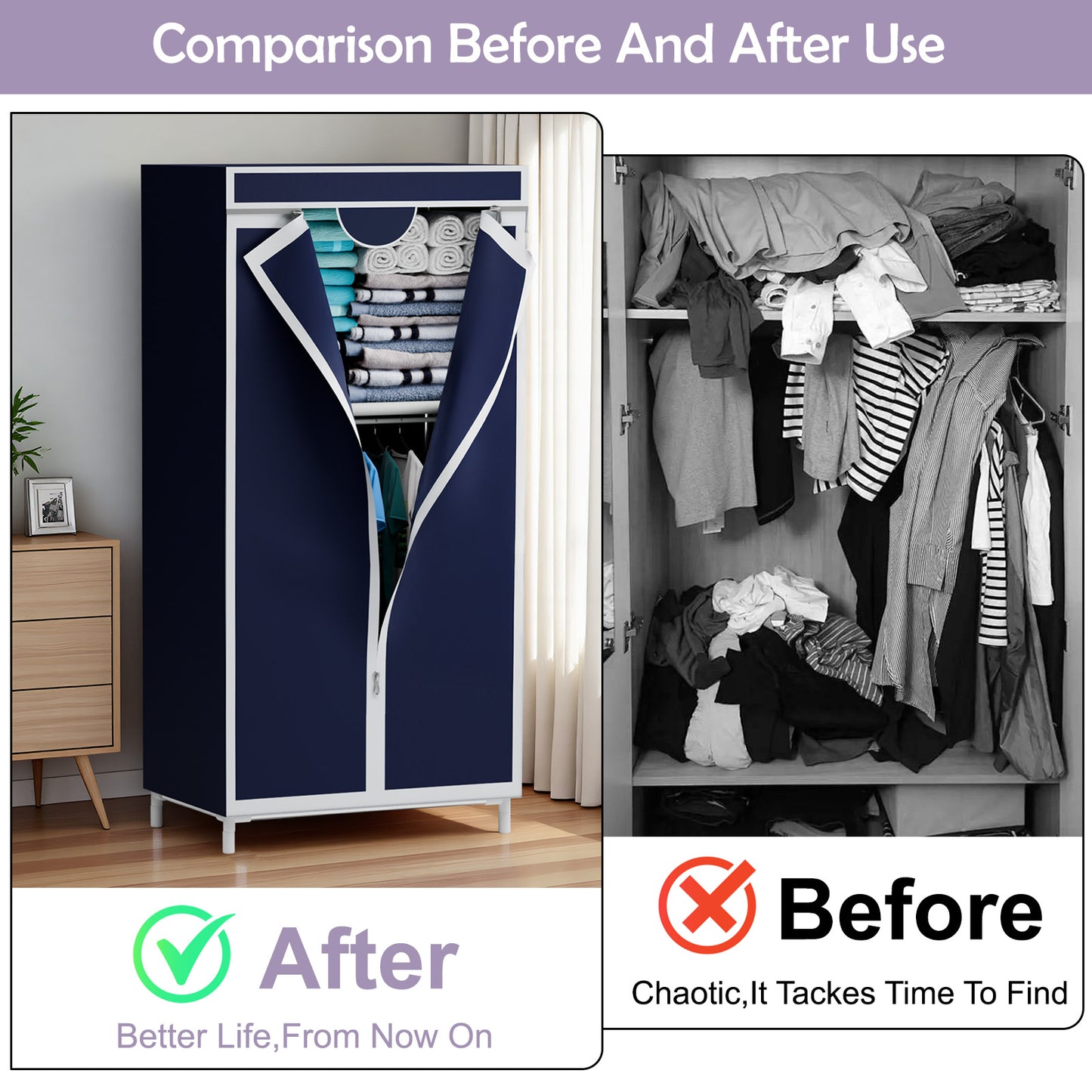 Bedroom Clothes Closet Storage Organizer, Fabric Wardrobe, for Hanging Clothes, Wardrobe Closet for Hanging Clothes, Navy Blue